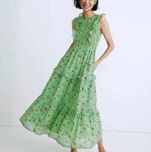 Banjanan Size Large Green Floral Iris Ruffled Trim Mid Length Printed Dress